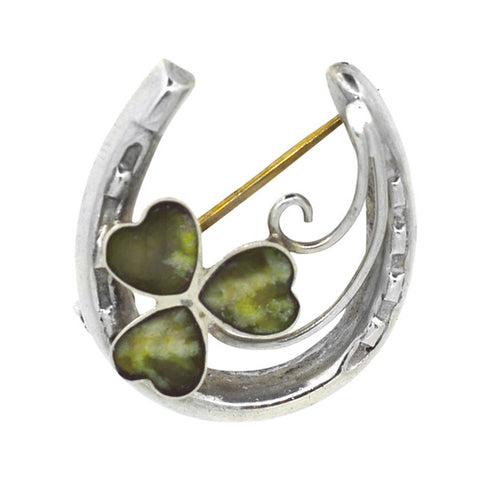 Silver Horse Shoe Brooch with Agate Clover